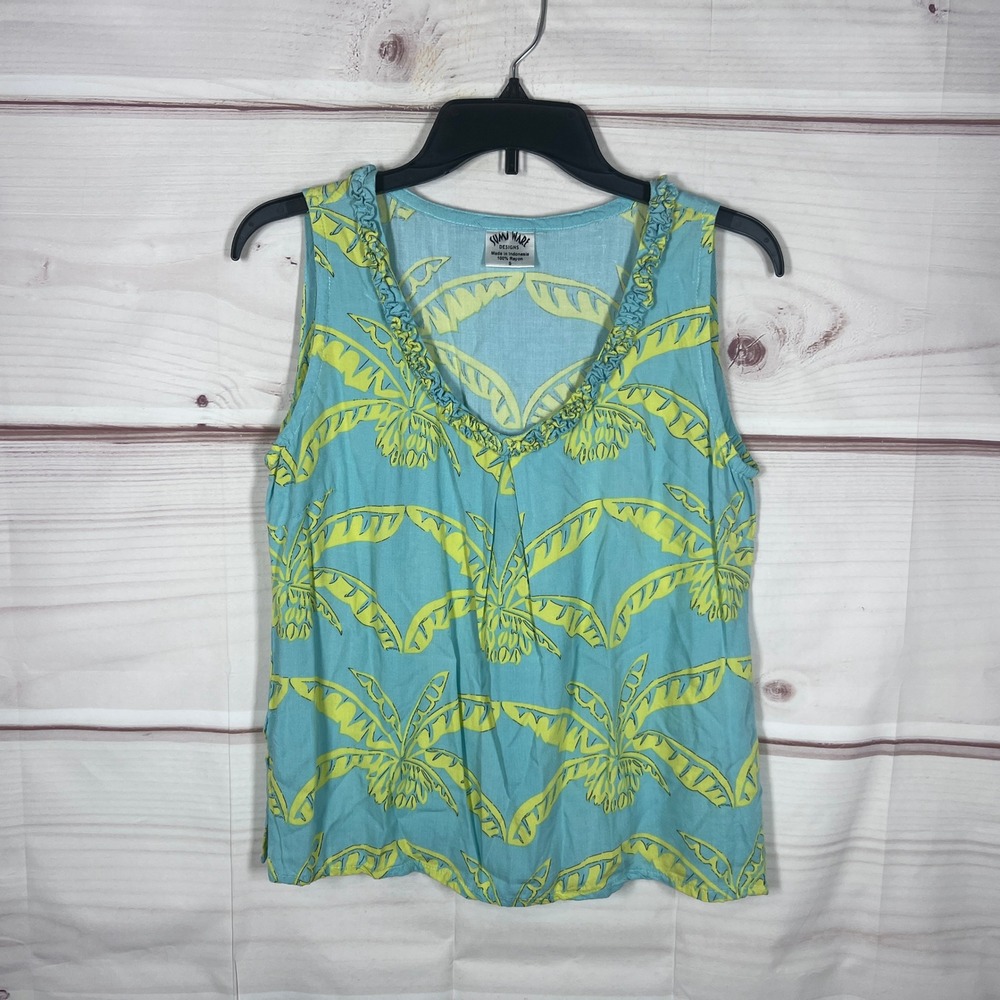 Sumi Ware Designs Tank Top Womens S Blue Palm Print Sleeveless Ruffle Hawaiian
